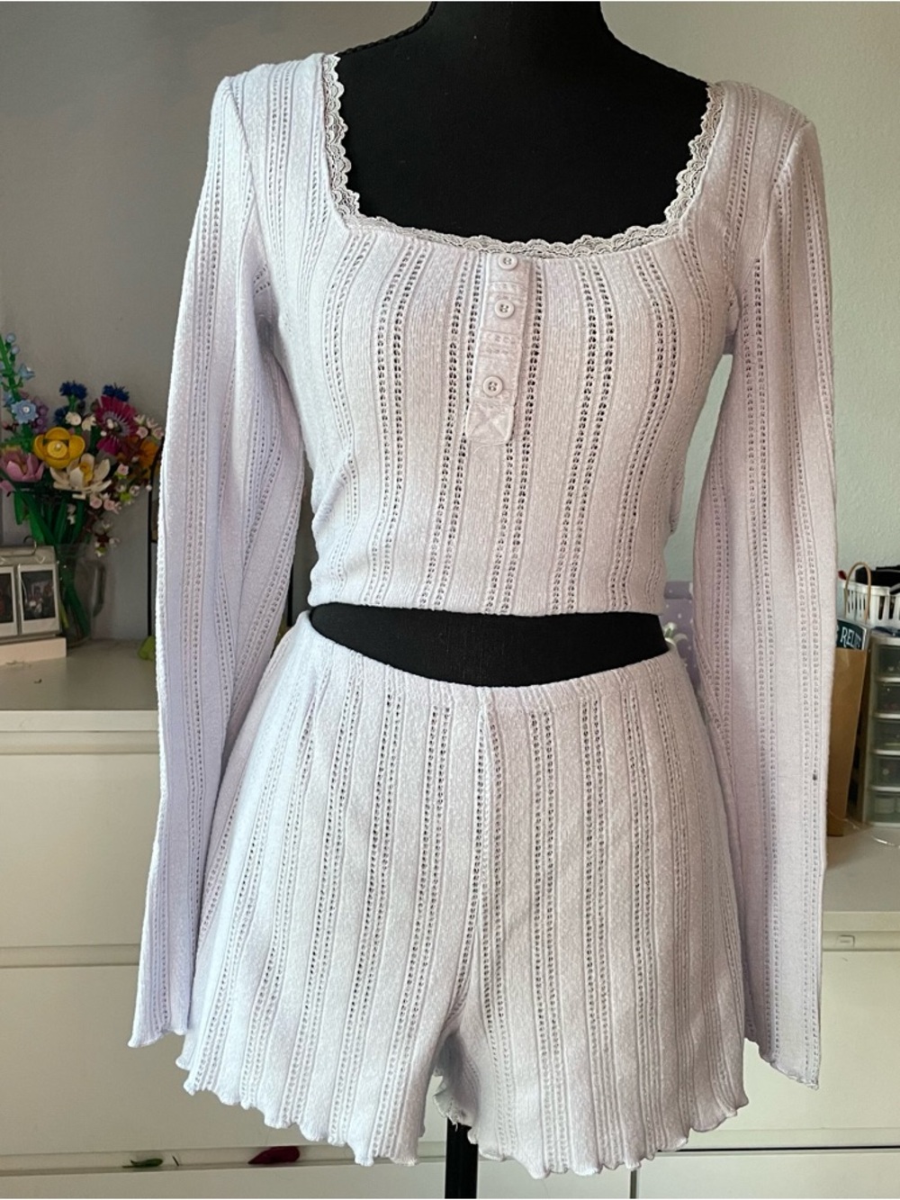 Pink Rose Lace-Trim Knit Long Sleeve Two-Piece Set in Light Blue Women's Size XS